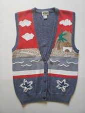 Vintage 90s Koret Granny Core Sweater Vest Beach Scene Palm Tree Star Fish Sz S