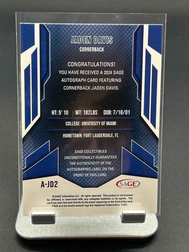 2024 Sage Football JADEN DAVIS Miami Rookie Auto Arizona Cardinals RC - Image 2 of 2