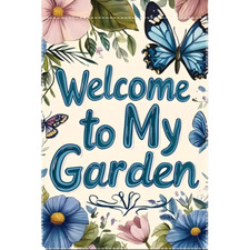 Welcome to My Garden Floral Butterfly Garden Flag Burlap 12"x18" Double-Sided