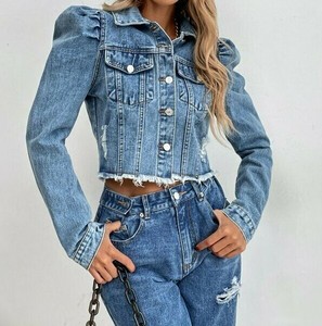 crop puff shoulder denim jacket
