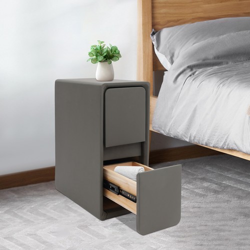 Dark Grey 7.87*15.35*18.5in PU& Fiberboard Bedside Table Nightstand W/ Drawers