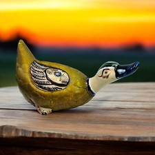 Mexican Tonala Ceramic & Forged Brass Armored Hand Painted Duck by S. Bustamonte