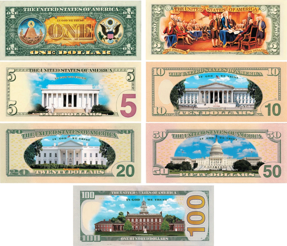 * Complete Set of 7 * COLORIZED 2-SIDED U.S. Banknotes $1/$2/$5/$10/$20/$50/$100 - Image 2 of 3