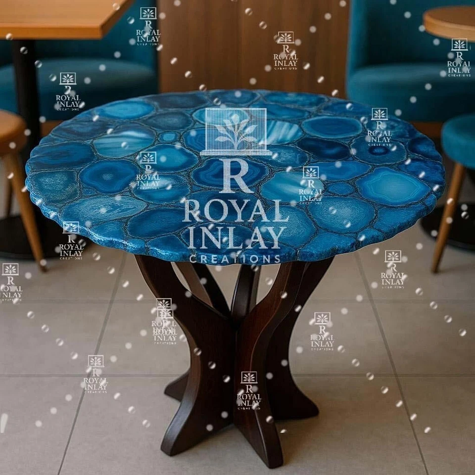 Round Blue Agate Stone Dining Table | Natural Crystal Slice Top | centre Table - Image 4 of 4