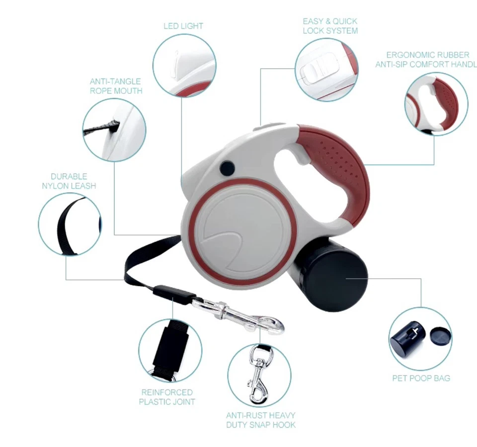 Correa retráctil para perro mascota 16 pies resistente con linterna y dispensador de bolsa de desechos Foto 3 de 4