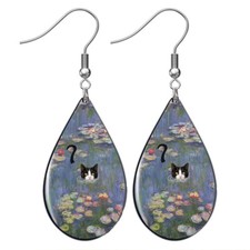 Tuxedo Cat Swimming in Claude Monet Lily Pond Earrings Humorous Cat Art Print