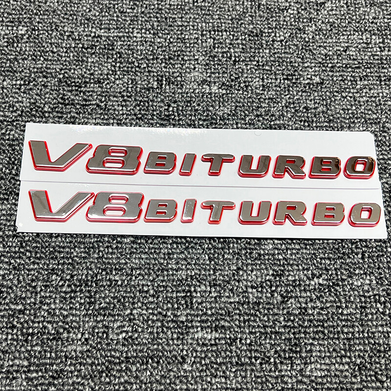 2PCS V8 BiTurbo Emblems Fender Chrome Red Badges For MB AMG CL63 E63 CLS SLK