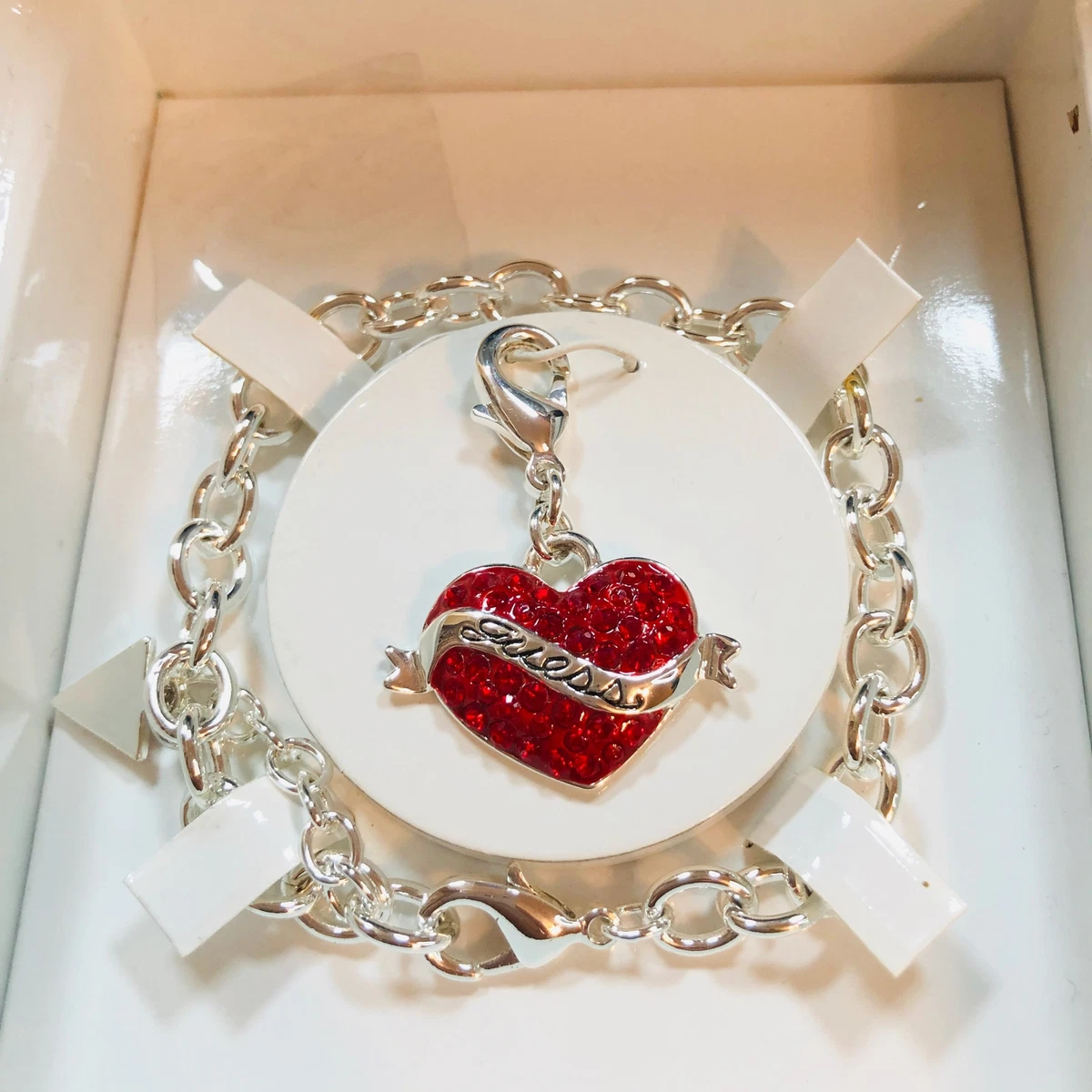 Charmed by Guess Silver Charm Bracelet Crystal Heart Charm eBay