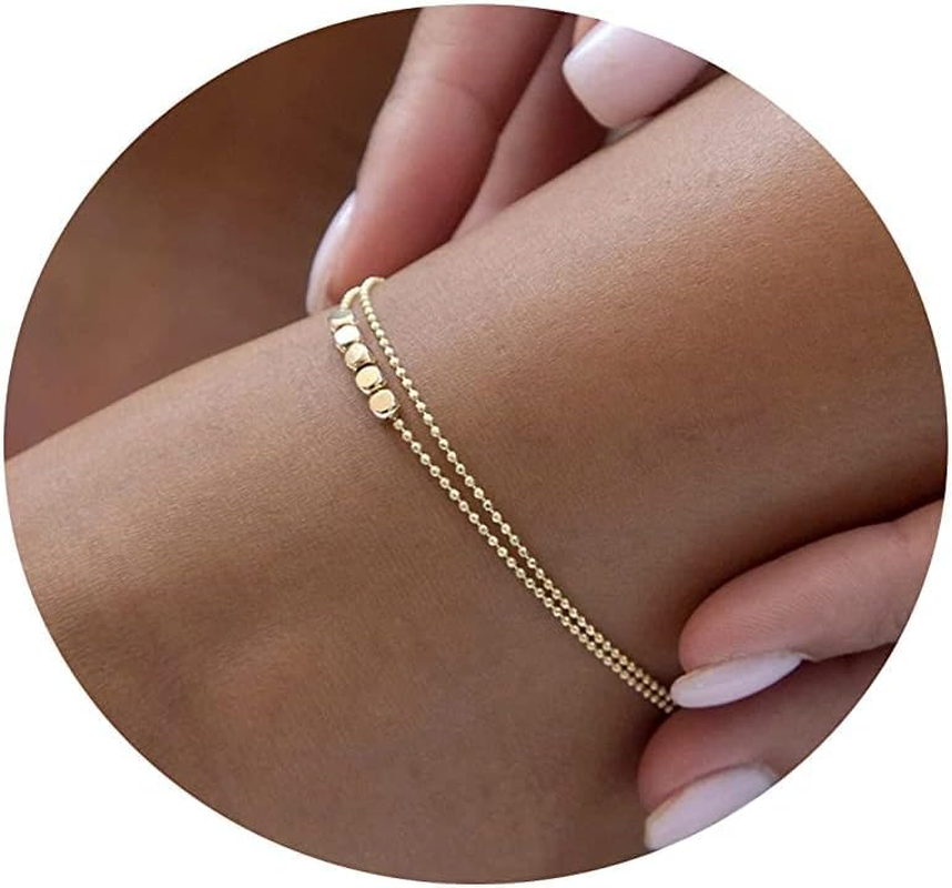 18K Gold Plated Dainty Layered Ankle Bracelet Fishbone Snake Chain for Women