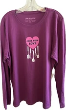 Life Is Good Top Shirt Women's XL Pink Purple Cook With Love Culinary Casual