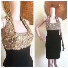 GOLD SEQUINED PEARLS 1990 s Bodycon Vintage 90s Black Knit Mini Cocktail Dress M