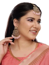 RHYMEE Women's Rose Gold and Pink Maang Tikka & Matching Earrings Set.