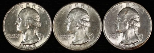Washington Silver Quarter Three Coin PDS Set. 1942 BU. Lot # 9061-8-018