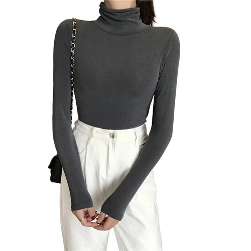 Women Solid Color Turtleneck Base Shirt Long Sleeved T-Shirt Slim Fit Top - Picture 11 of 32
