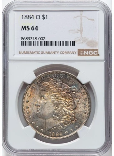 1884-O Morgan Silver Dollar NGC MS 64 Rainbow Toned Obverse Color Fantastic!