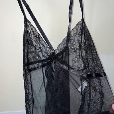 Adore Me Black Lace Babydoll Chemise Set Adjustable Satin Straps Sheer Mesh  2X