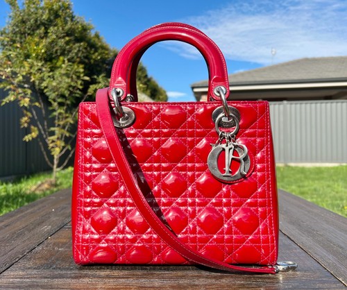 Authentic Christian Dior Medium Lady Dior Bag Red Patent Leather Silver Hardware