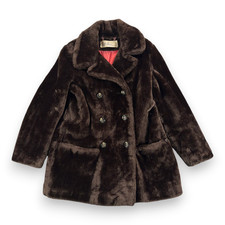 Vintage Lilli Ann Fur Coat Womens LARGE Brown Faux Double Breasted Satin USA 60s