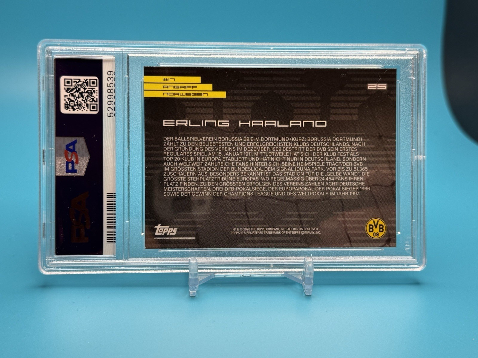 Erling Haaland Topps 2020 Topps X BVB Borussia Dortmund #25 PSA 9 Norway RC view 2