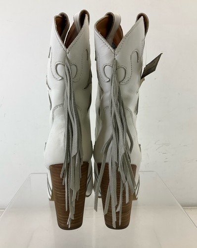 Dingo White Gray Leather Stacked Heel Fringe Western Boots 9M - Picture 4 of 8