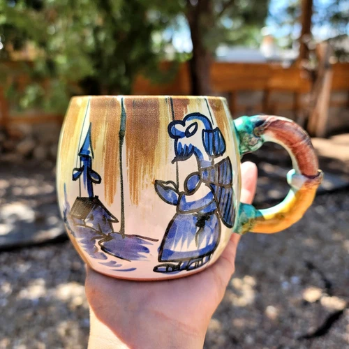 Vtg Italy Pottery Cup Mug Hand Painted Church & Monk Limited Edition