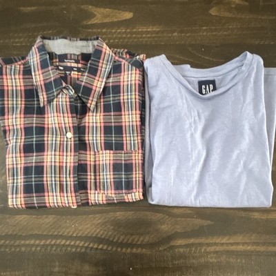 Gap Women's 2-Pc Blouse Lot Plaid Boyfriend Button-Up + Flutter Sleeve S