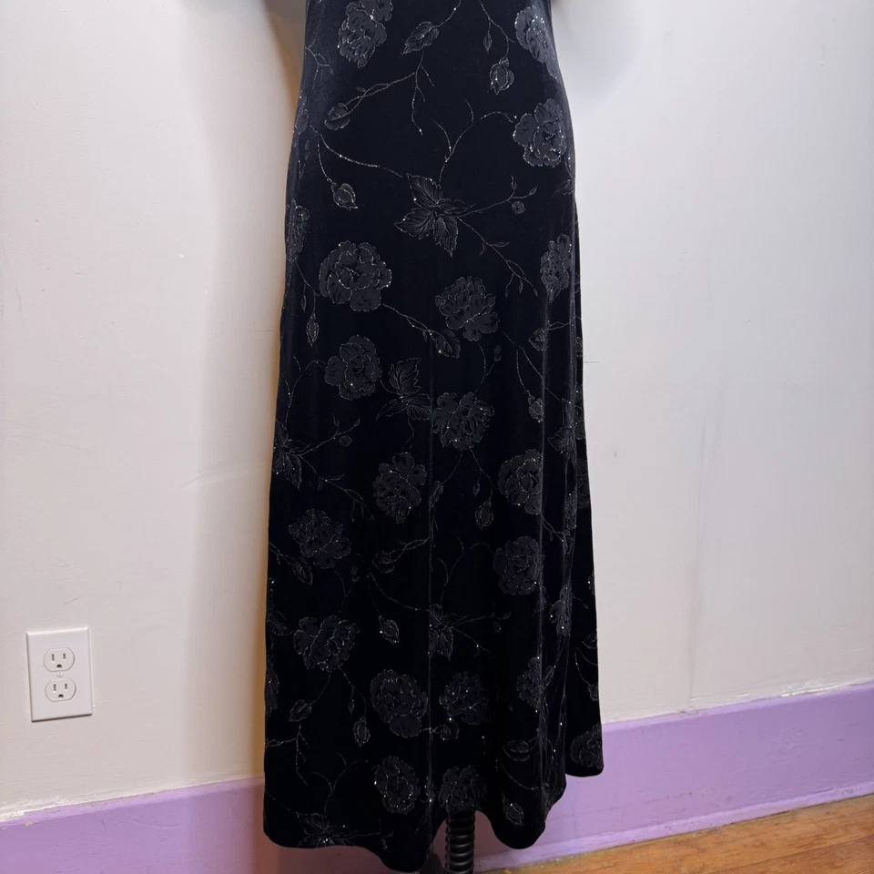 Vestido De Colección Años 90 Terciopelo Negro Cuello Mandarín Motivo Asiático Gótico Baile de graduación Formal 12 P Foto 4 de 4