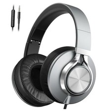 Wired Headphones with Microphone, Over-Ear Foldable Corded Headphones Grey