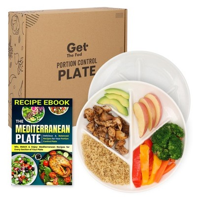 GetTheFad Portion Control Plate (Porcelain) Set of 2, 9.3 Inch Divided Portion