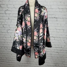 Black Floral Silky Lace Trim Long Sleeve Kimono Style Open Jacket Size Medium M