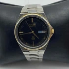 Vintage Seiko SQ 100 Men's Watch 6923-7059 Two Tone Black Dial Day Date 34mm