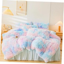 Fluffy Faux Fur Comforter Cover Set  Fluffy Fuzzy Plush Queen Tie Dye Blue