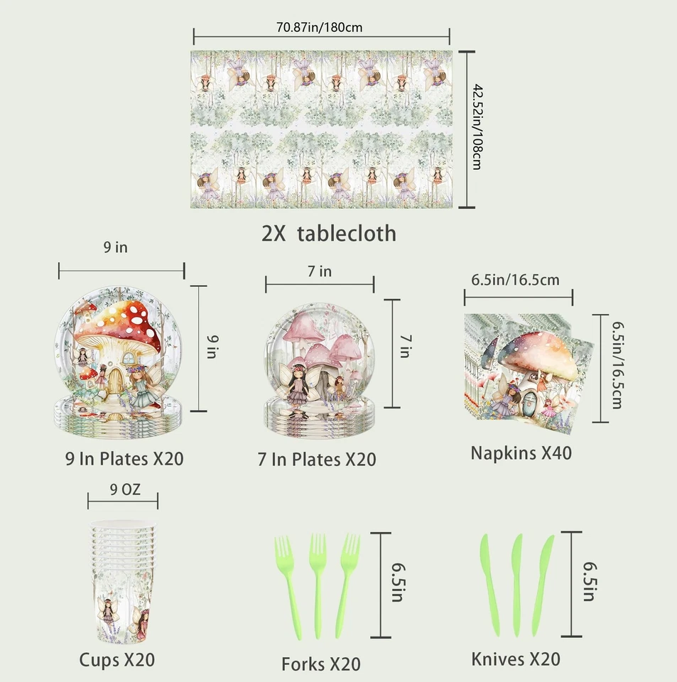 Juego de 142 piezas de suministros de fiesta de cumpleaños de hadas platos tazas servilletas tenedores mantel... Foto 2 de 4