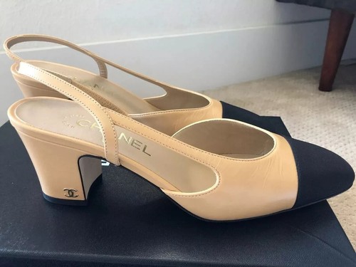 New Chanel Size 39 Beige/Black Goatskin Cap Toe Slingback Pumps - Picture 6 of 9