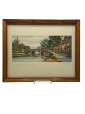 Vtg. Framed Etching Hand Colored Signed G. Darfeuil Bridge Over Stream /j