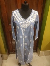 CREDITABLE LONG S 39" KURTA DENIM 100 COTTON ETHNIC CHIKAN EMBROIDERY TOP KURTI