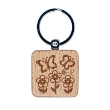 Flowers and Butterflies with Bee Engraved Wood Square Keychain Tag Charm