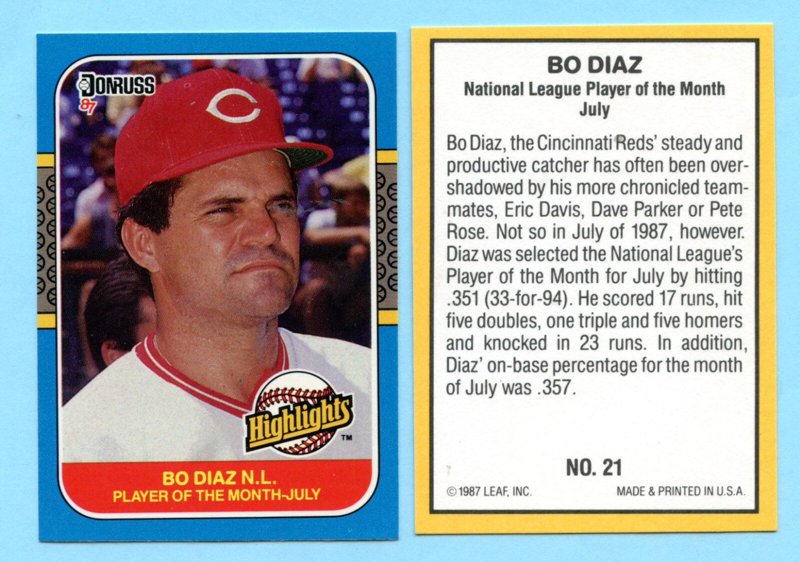 1987 Donruss Highlights 21 Bo DiazCincinnati Reds Box 746 eBay