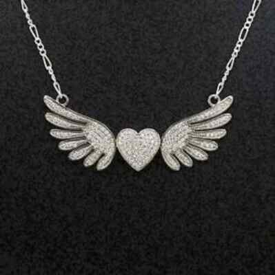 1.49Ct Round Cut Diamond Heart Wings Pendant 14K White Gold Finish Free Chain