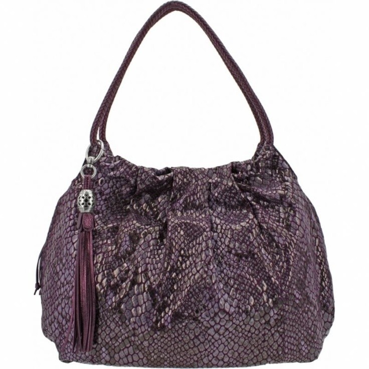 BRIGHTON Purple Snakeskin  Leather Slouch Shoulder Bag Hobo Woven Strap $330 NWT