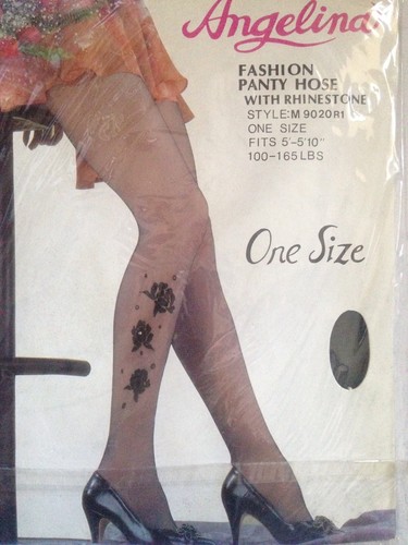 Angelina Black Flocked Rose Rhinestone Pantyhose One Size 100-165lb Nylon - Picture 2 of 4