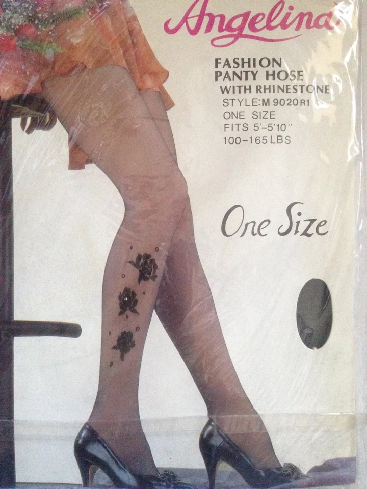 Pantimedias Angelina negras flocadas rosa estrás talla única 100-165 lb nailon Foto 2 de 4