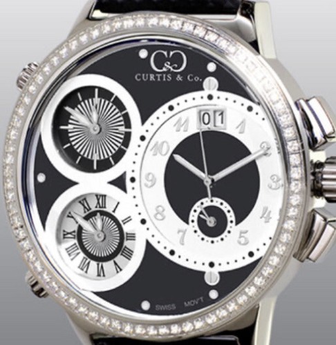 Curtis & Co. 9.79 ct Diamond Encrusted Watch, Big Time World 4 Time Zone, Black