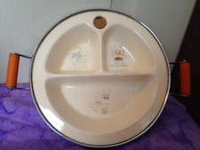 Vintage baby food divided dish plate warmer metal handles Three Little Pigs