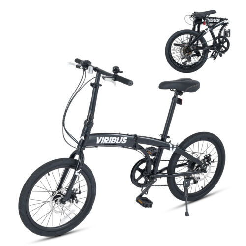 VIRIBUS 20" Folding Bike 7 Speed Folding Bicycle with Dual Disc Brakes Black