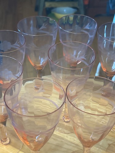 9 piece Lot of Depression Era Pink flower Wine Goblets, Cut Glass Floral Design