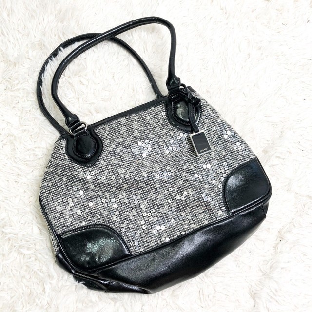 Nine West Womens Sequin Shoulder Bag Black Snap Dual Handle Zip Pockets