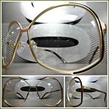 OVERSIZED VINTAGE 70's RETRO Style Clear Lens EYE GLASSES Huge Large Gold Frame