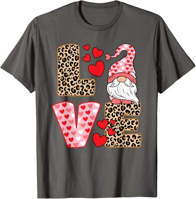 Valentines Day Cute Love Heart Gnome Leopard Cheetah Unisex T-Shirt