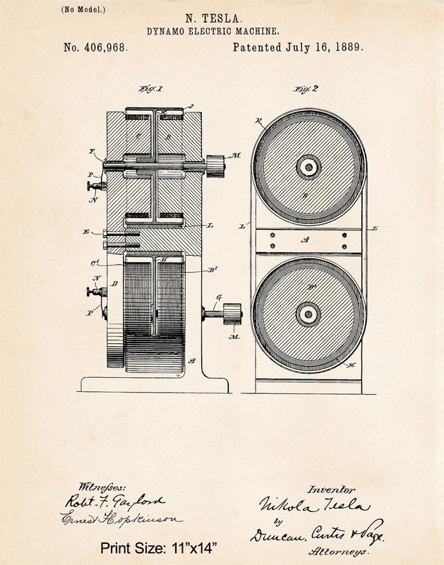 Nikola Tesla Patent Inventions Generator 1889 Art Print Creative Gift Idea 11x14